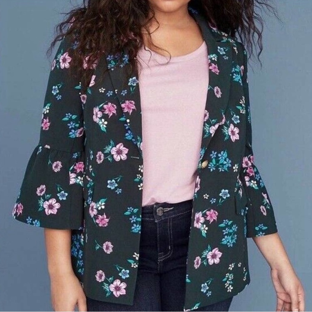 Lane Bryant Blazer Women's Size 20 Green Floral Print "The Bryant Blazer" Jacket